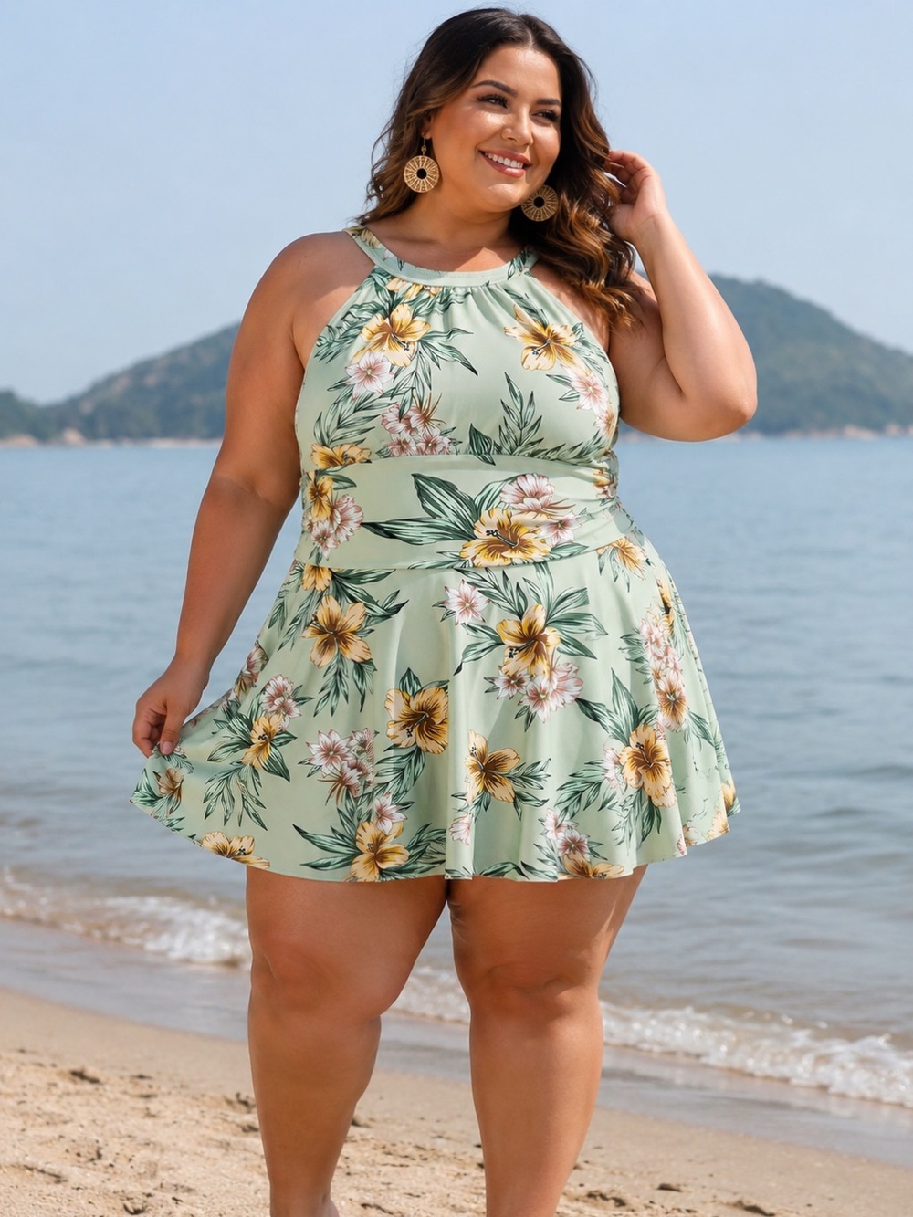 Plus size Halter Floral Mini Dress/bathing suit in Sage Green